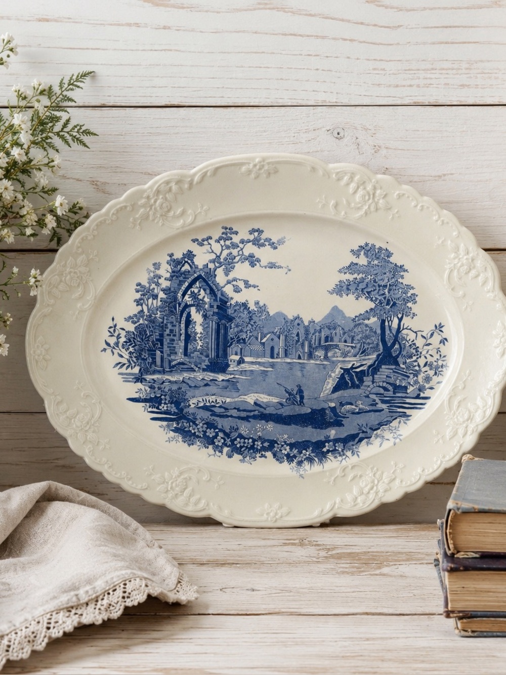 Vintage Blue and Cream  Transferware Platter English Abbey